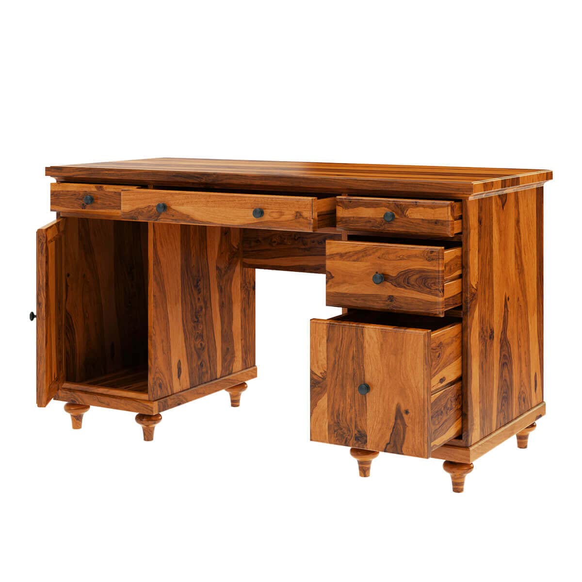 WoodMarwar Solid Sheesham Wood Study Table for Adults | Wooden Workstation with 5 Drawers, 1 Big Drawer & 1 Door Cabinet Storage for Home, Office & Study Room