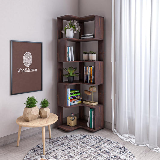 WoodMarwar Sheesham Wood Book Shelf /Bookcase For Living Room Corner Bookcase for Home Decor & Office