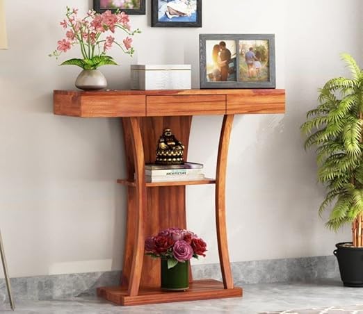 WoodMarwar Solid Sheesham Wood Console Table with Storage Drawer & Display Shelf