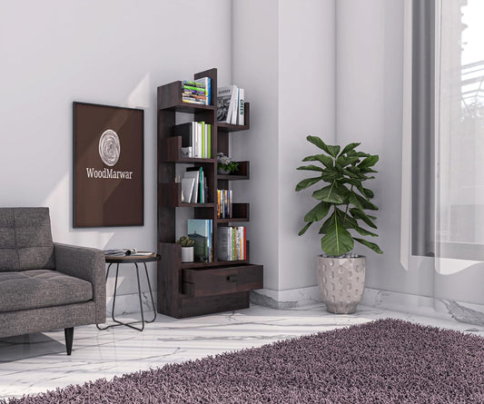 WoodMarwar Sheesham Wood Book Shelf With One Drawer /Bookcase For Living Room Corner Bookcase for Home Decor & Office