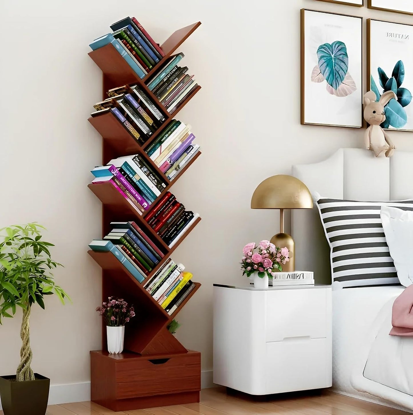 WoodMarwar Solid Sheesham Wood Modern Tree Bookshelf Bookcase With One Drawer for Living Room & Bedroom