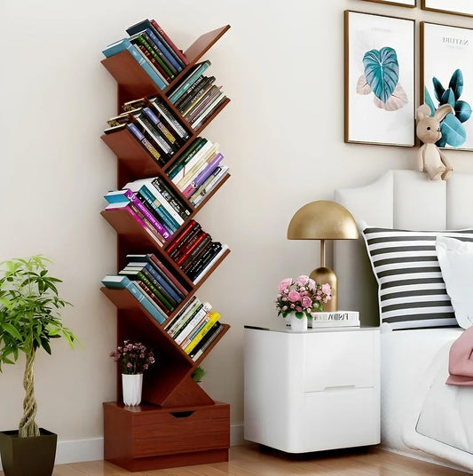 WoodMarwar Solid Sheesham Wood Modern Tree Bookshelf Bookcase With One Drawer for Living Room & Bedroom