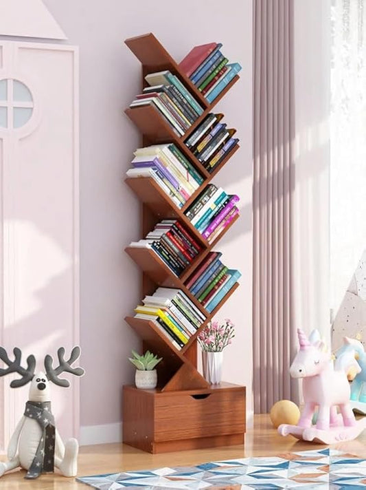 WoodMarwar Solid Sheesham Wood Modern Tree Bookshelf Bookcase With One Drawer for Living Room & Bedroom