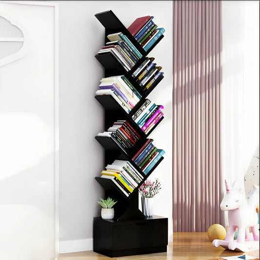WoodMarwar Solid Sheesham Wood Modern Tree Bookshelf Bookcase With One Drawer for Living Room & Bedroom