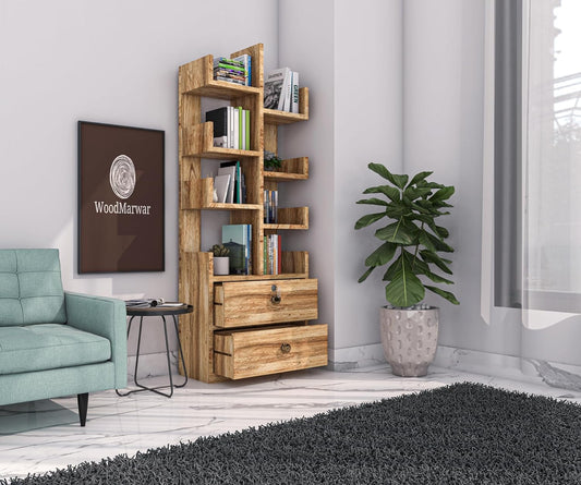 WoodMarwar Sheesham Wood Book Shelf With Two Drawer /Bookcase For Living Room Corner Bookcase for Home Decor & Office