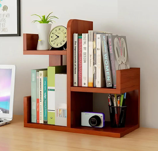 WoodMarwar Solid Sheesham Wood Modern Desktop Bookshelf Organizer | Wooden Tabletop Bookcase Storage Rack for Office, Study & Home