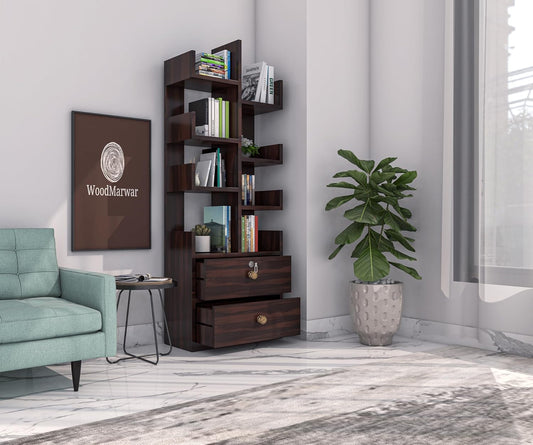 WoodMarwar Sheesham Wood Book Shelf With Two Drawer /Bookcase For Living Room Corner Bookcase for Home Decor & Office