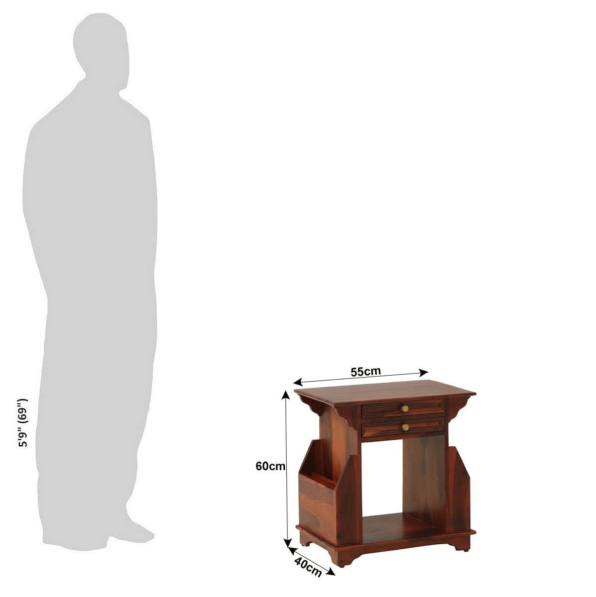 Woodmarwar Solid Sheesham Wood Bedside Table for Bedroom | Solid Wood Bed Side Nightstand End Table with Magazine Holder, 2 Drawer & Shelf Storage for Home & Living Room | Sofa Side Table