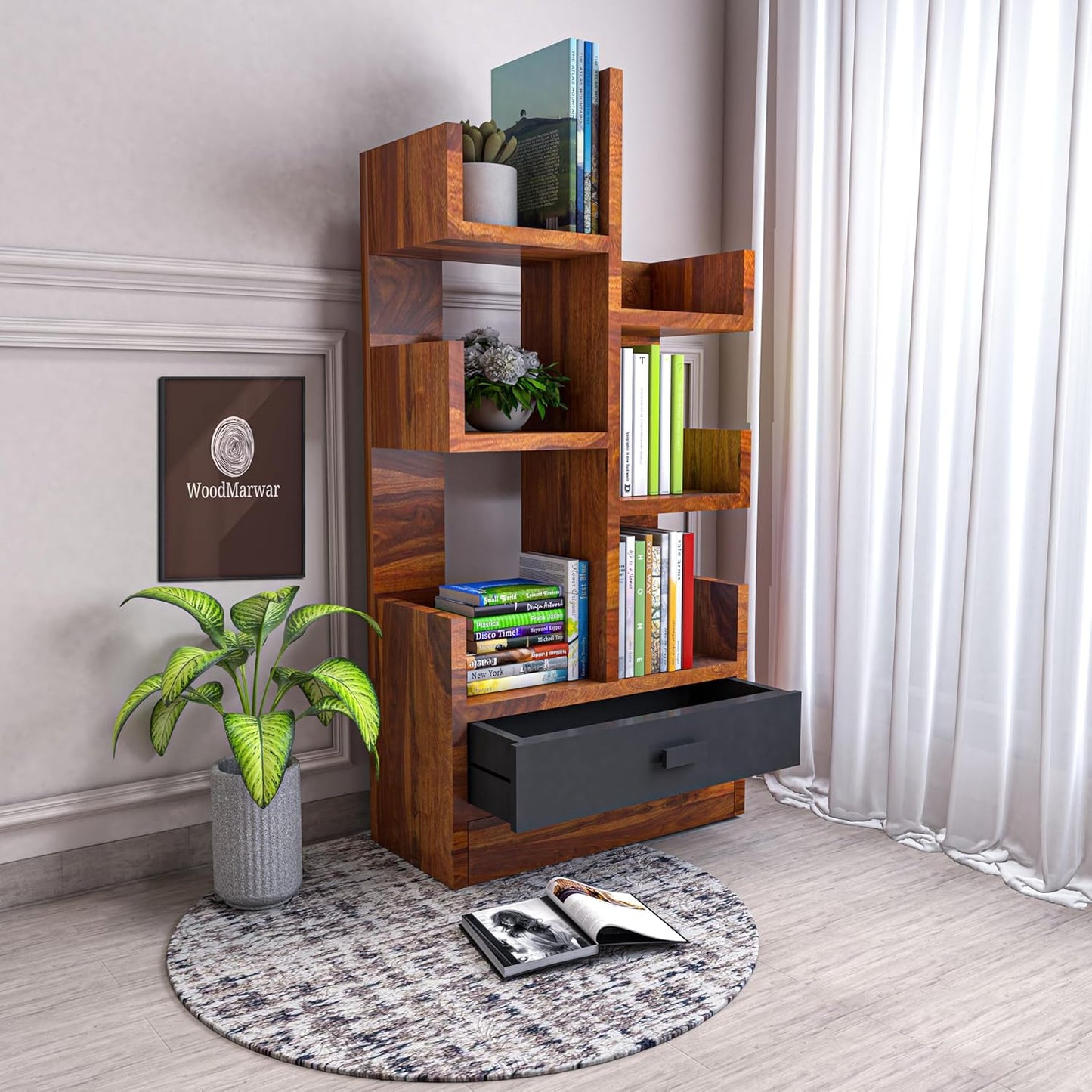 WoodMarwar Sheesham Wood Book Shelf With Two Drawer /Bookcase For Living Room Corner Bookcase for Home Decor & Office