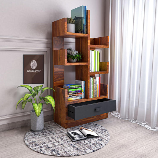 WoodMarwar Sheesham Wood Book Shelf With Two Drawer /Bookcase For Living Room Corner Bookcase for Home Decor & Office