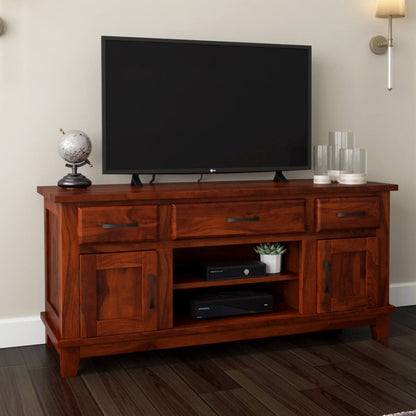 Woodmarwar Solid Sheesham Wood Entertainment Tv Unit With Storage Honey Finish For Home & Office Furniture