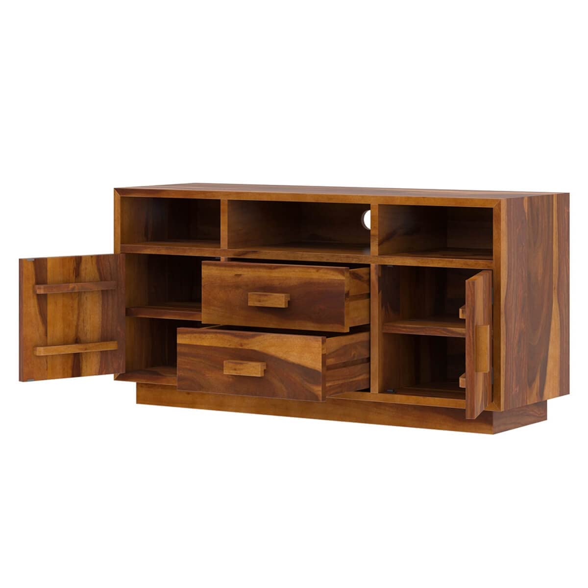 Woodmarwar Solid Sheesham Wood Entertainment Tv Unit With Storage Honey Finish For Home & Office Furniture