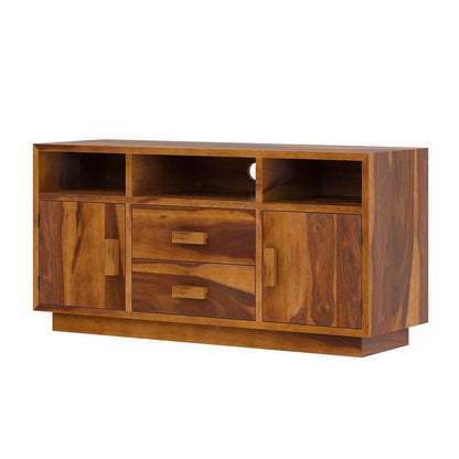 Woodmarwar Solid Sheesham Wood Entertainment Tv Unit With Storage Honey Finish For Home & Office Furniture