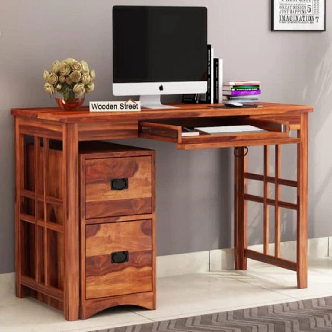 Woodmarwar Sheesham Wooden Study Table with Keyword Tray & 2 Drawer Storage Workstation for Home Office & Study Room | Solid Wooden Desk Writing Table