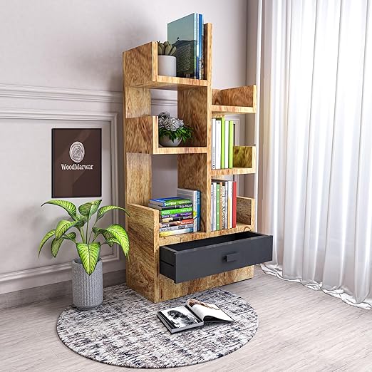 WoodMarwar Sheesham Wood Book Shelf With One Drawer /Bookcase For Living Room Corner Bookcase for Home Decor & Office