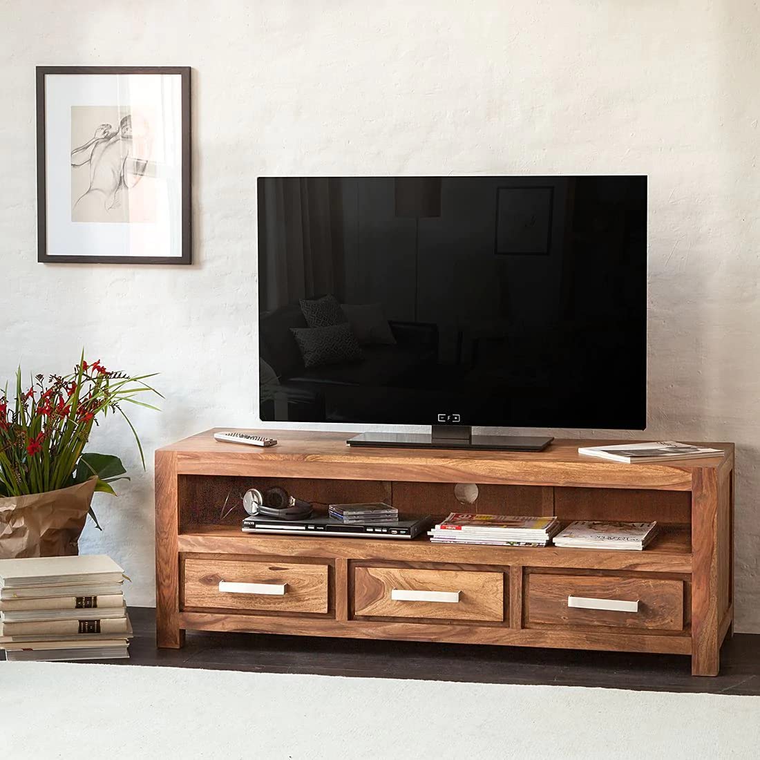 Woodmarwar Solid Sheesham Wood Entertainment Tv Unit With Storage Natural Finish For Home & Office Furniture