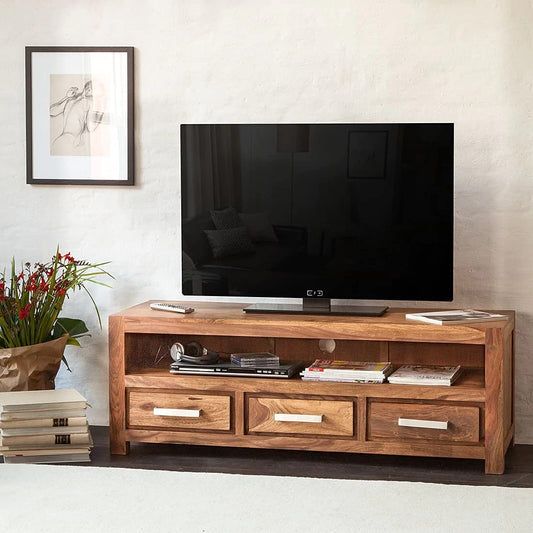 Woodmarwar Solid Sheesham Wood Entertainment Tv Unit With Storage Natural Finish For Home & Office Furniture