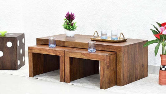 WoodMarwar Sheesham Wood Rectangle Center Coffee Table for Living Room | Solid Wooden Sofa Centre Table with 2 Stool for Home & Outdoor