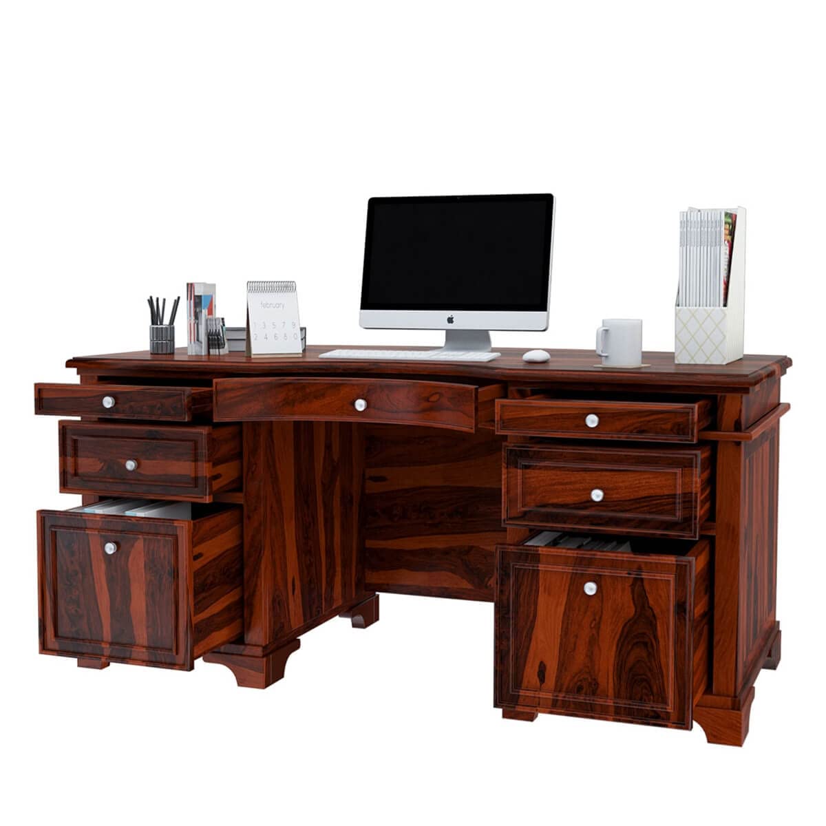Woodmarwar Solid Sheesham Wood Study Table for Adults | Wooden Workstation with 5 Drawers & 2 Big File Cabinet Drawer Storage for Home, Office & Study Room