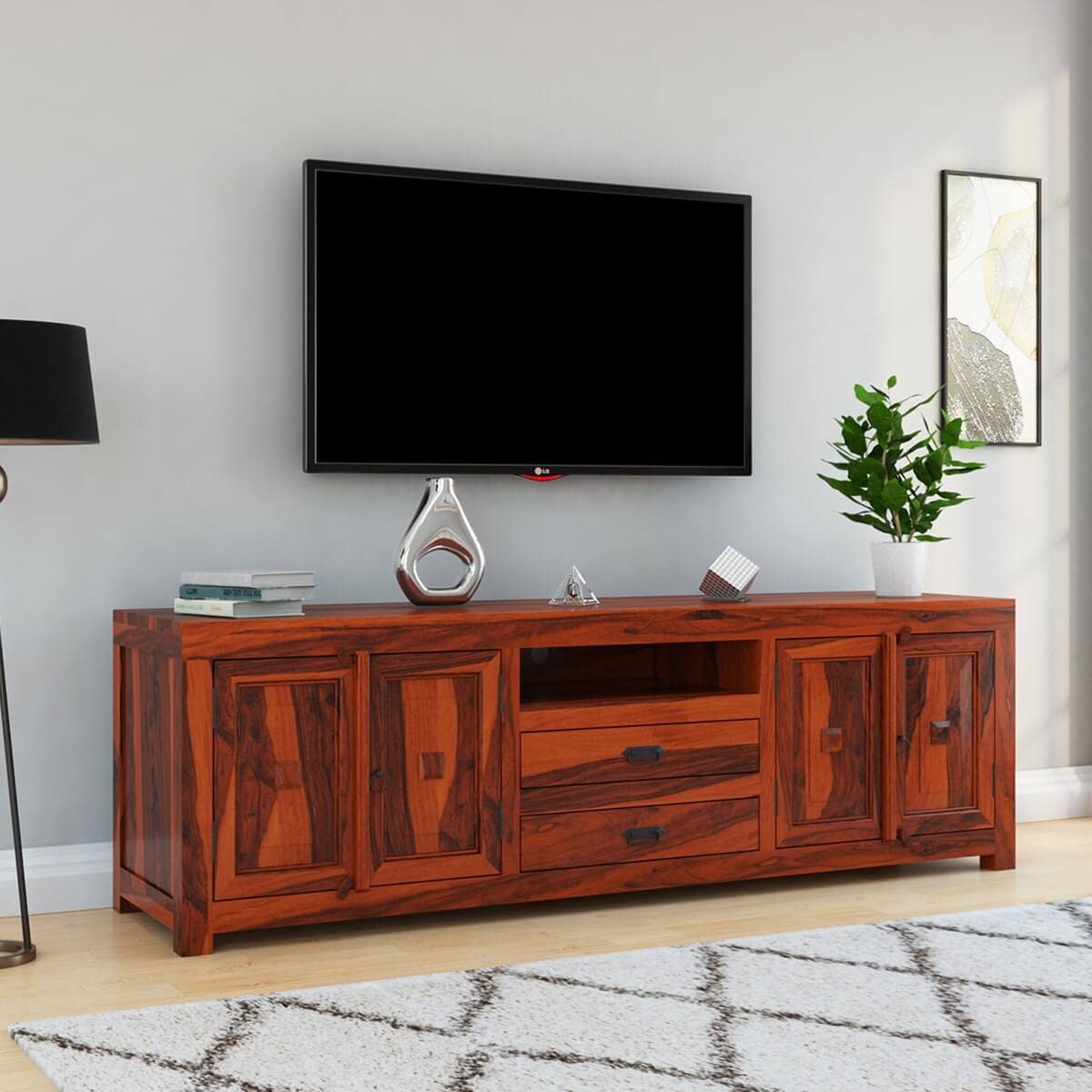 Woodmarwar Solid Sheesham Wood Entertainment Tv Unit With Storage Honey Finish For Home & Office Furniture