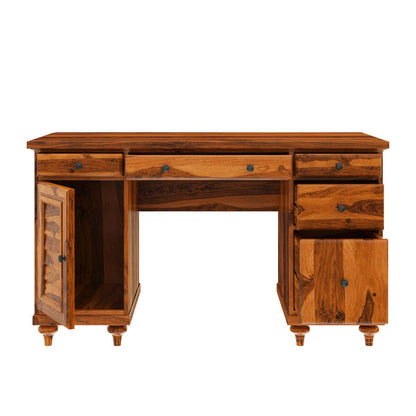 WoodMarwar Solid Sheesham Wood Study Table for Adults | Wooden Workstation with 5 Drawers, 1 Big Drawer & 1 Door Cabinet Storage for Home, Office & Study Room