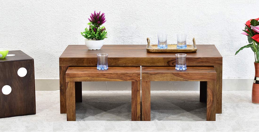 WoodMarwar Sheesham Wood Rectangle Center Coffee Table for Living Room | Solid Wooden Sofa Centre Table with 2 Stool for Home & Outdoor
