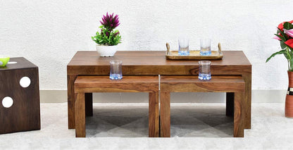 WoodMarwar Sheesham Wood Rectangle Center Coffee Table for Living Room | Solid Wooden Sofa Centre Table with 2 Stool for Home & Outdoor