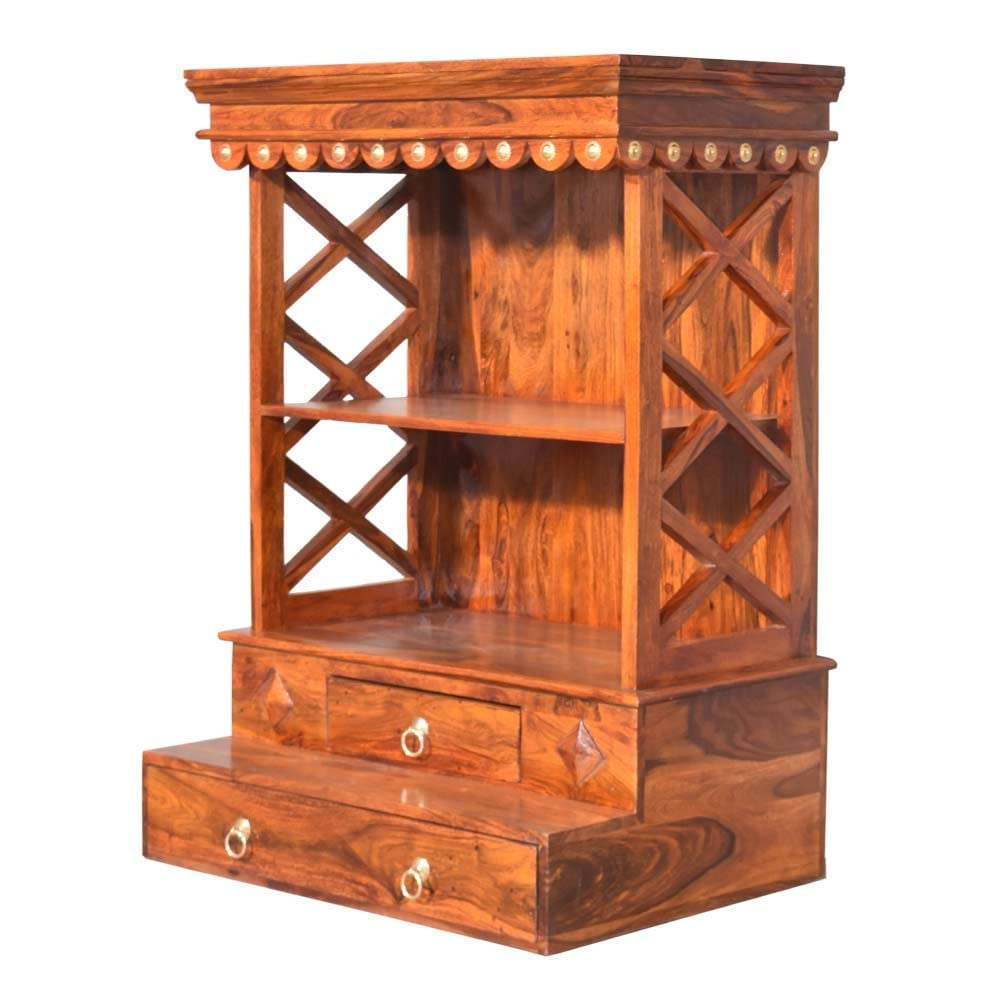 Woodmarwar Solid Sheesham Wood Pooja Mandir For Home|Solid Wooden Temple For Puja Room With 2 Drawer & 2 Open Shelf Storage|Pooja Ghar Wooden Furniture For Pooja Room|Pooja Mandap