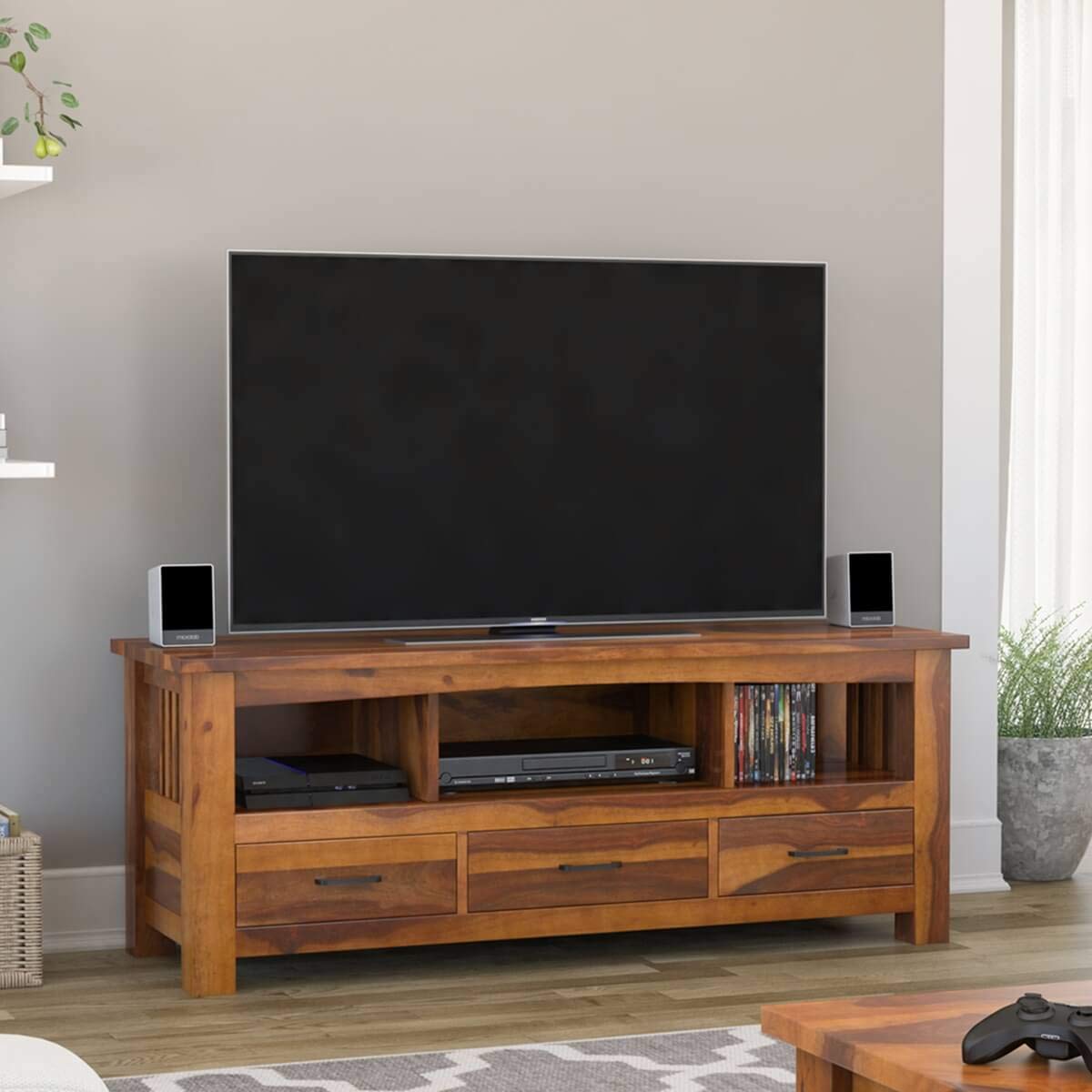 Woodmarwar Solid Sheesham Wood Entertainment Tv Unit With Storage Honey Finish For Home & Office Furniture