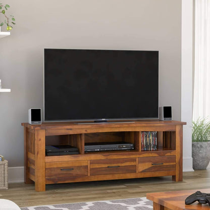 Woodmarwar Solid Sheesham Wood Entertainment Tv Unit With Storage Honey Finish For Home & Office Furniture