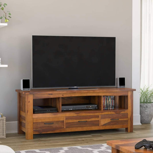 Woodmarwar Solid Sheesham Wood Entertainment Tv Unit With Storage Honey Finish For Home & Office Furniture