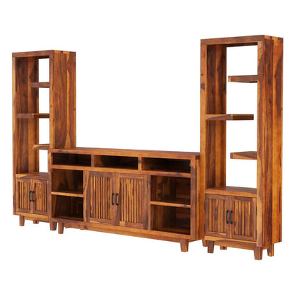 Woodmarwar Solid Sheesham Wood Entertainment Tv Unit With Storage Honey Finish For Home & Office Furniture