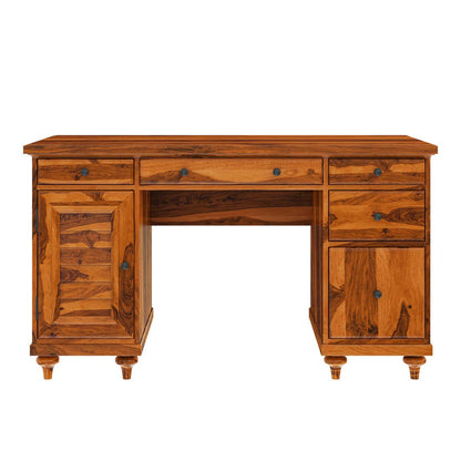 WoodMarwar Solid Sheesham Wood Study Table for Adults | Wooden Workstation with 5 Drawers, 1 Big Drawer & 1 Door Cabinet Storage for Home, Office & Study Room