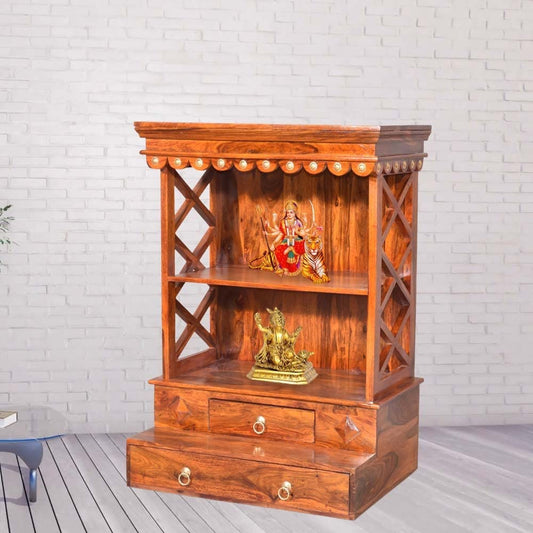 Woodmarwar Solid Sheesham Wood Pooja Mandir For Home|Solid Wooden Temple For Puja Room With 2 Drawer & 2 Open Shelf Storage|Pooja Ghar Wooden Furniture For Pooja Room|Pooja Mandap