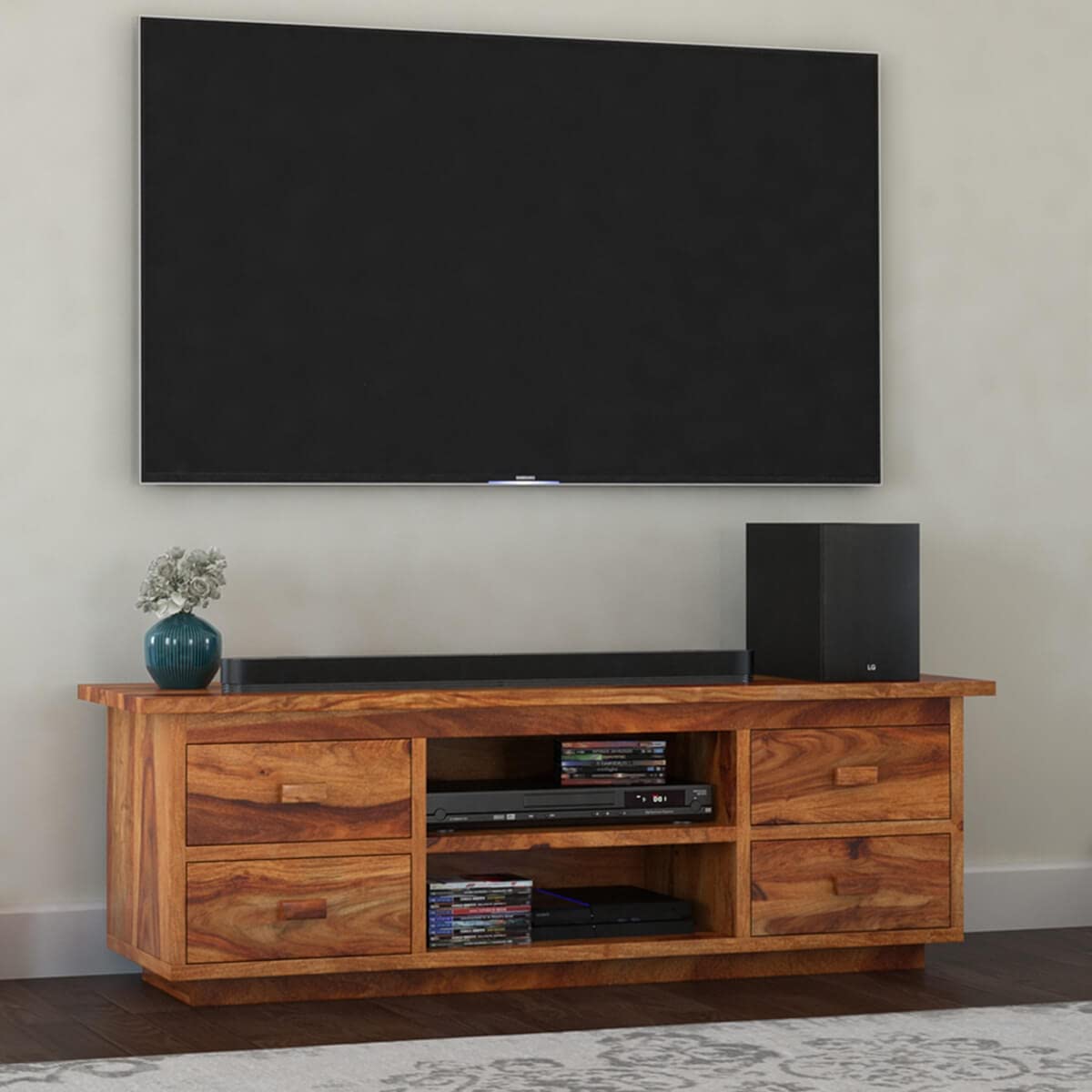 Woodmarwar Solid Sheesham Wood Entertainment Tv Unit With Storage Natural Finish For Home & Office Furniture