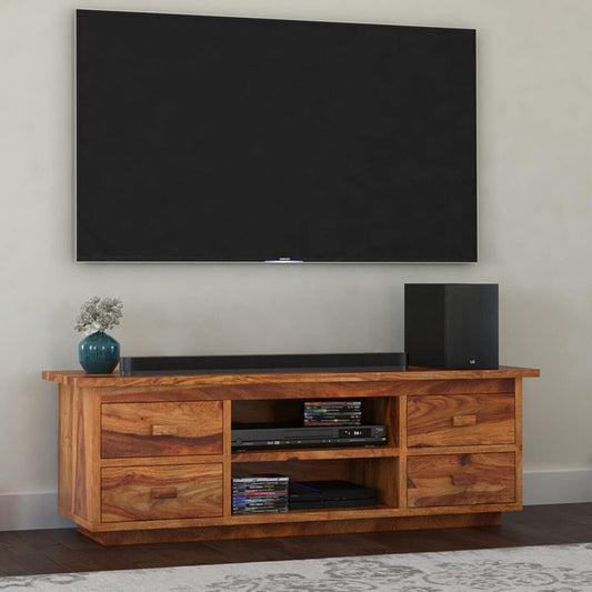 Woodmarwar Solid Sheesham Wood Entertainment Tv Unit With Storage Natural Finish For Home & Office Furniture