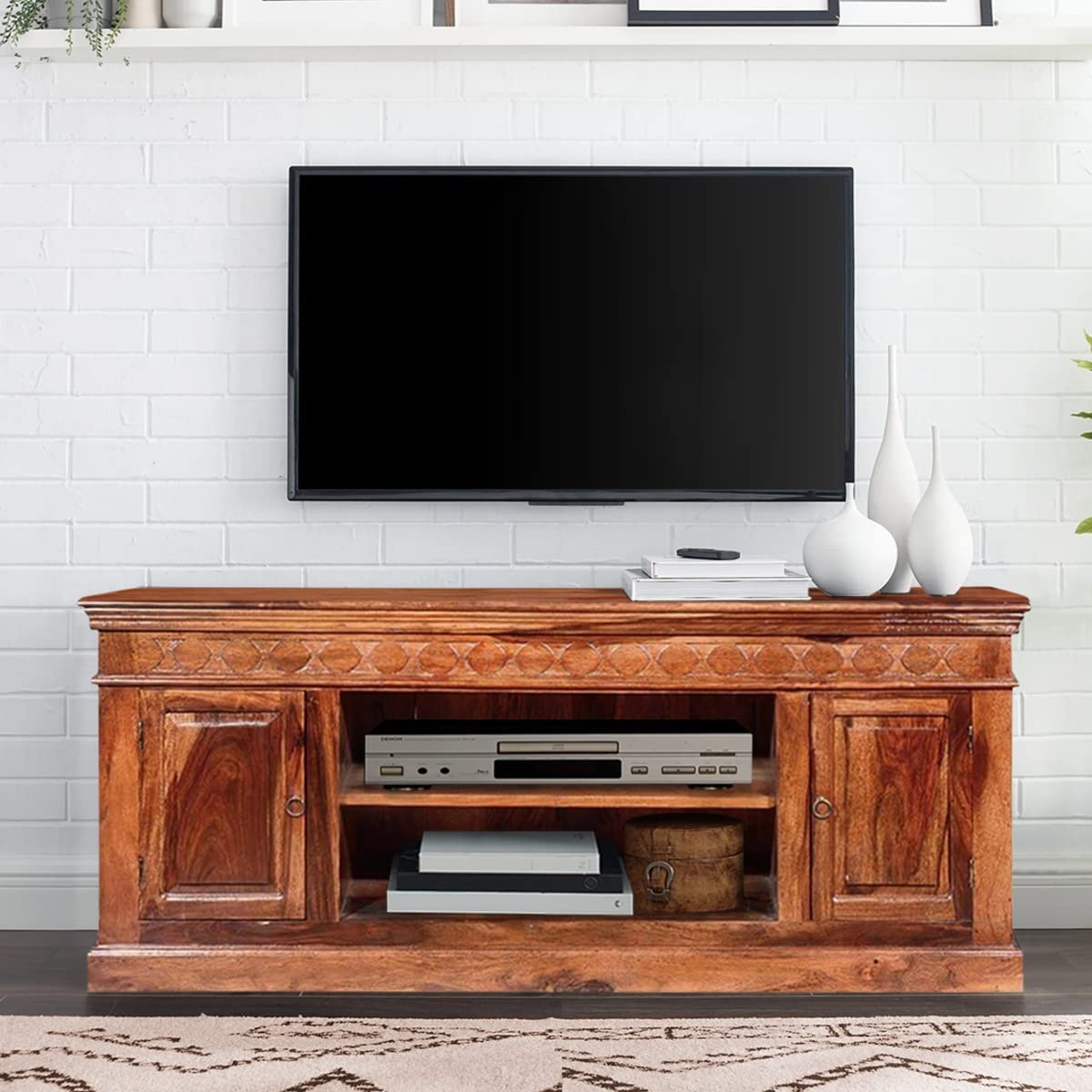 Woodmarwar Solid Sheesham Wood Entertainment Tv Unit With Storage Honey Finish For Home & Office Furniture