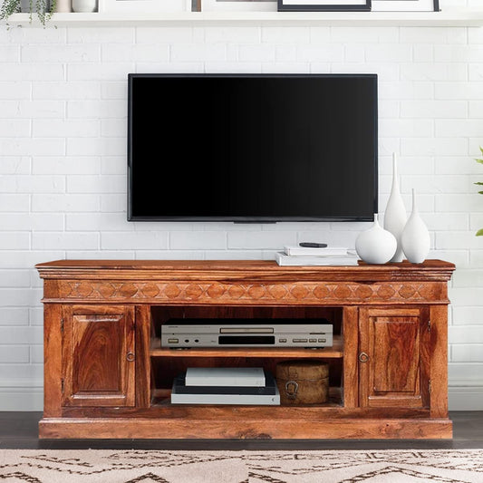 Woodmarwar Solid Sheesham Wood Entertainment Tv Unit With Storage Honey Finish For Home & Office Furniture