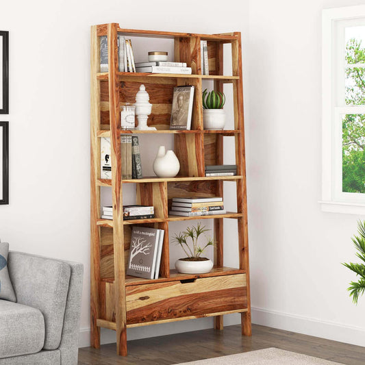 Woodmarwar Solid Sheesham Wood Book Shelf Wooden | Bookshelf for Home Library | Book Shelves Open Bookcase Books Rack | Display Unit Book Stand with 10 Shelf & 1 Drawer Storage for Office & Home | Natural Brown Finish