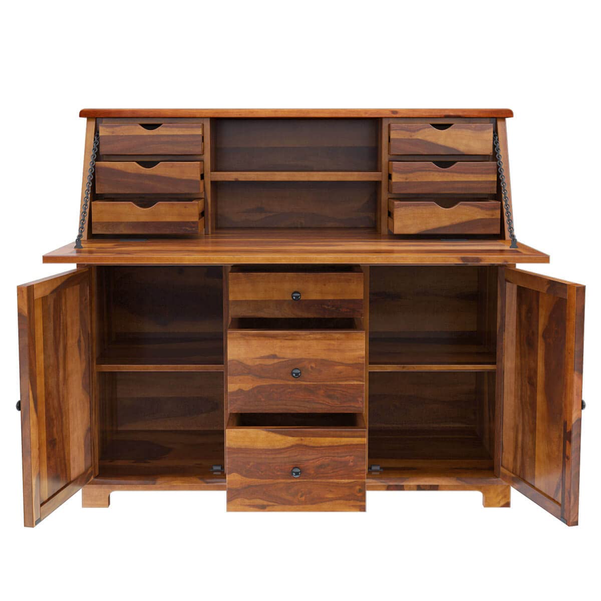 Woodmarwar Solid Sheesham Wood Study Table for Adults | Wooden Computer Desk with Hutch, 2 Door Cabinet, 3 Drawer Storage | Hutch with 9 Drawer, Open Shelf & Flap Door Storage
