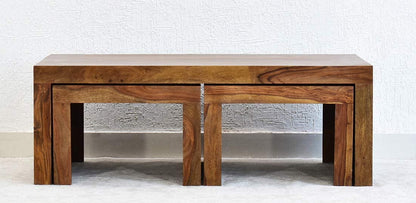 WoodMarwar Sheesham Wood Rectangle Center Coffee Table for Living Room | Solid Wooden Sofa Centre Table with 2 Stool for Home & Outdoor