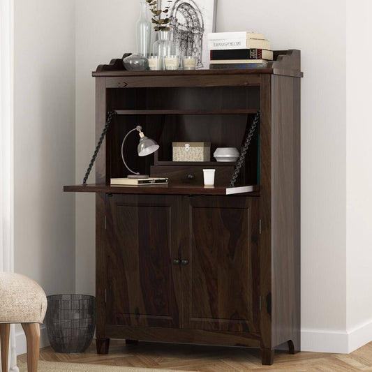 Woodmarwar Solid Sheesham Wood Study Table for Adults | Wooden Storage Cabinet Workstation Computer Desk with Hutch, 2 Door Cabinet Storage for Home, Office & Study Room