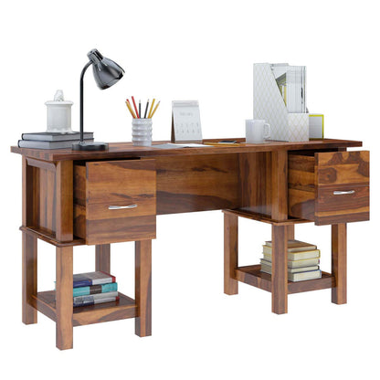 WoodMarwar Solid Sheesham Wood Study Table Workstation for Adult | Laptop Computer Desk with 2 Drawer & 2 Shelves Storage for Home & Office