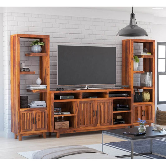 Woodmarwar Solid Sheesham Wood Entertainment Tv Unit With Storage Honey Finish For Home & Office Furniture
