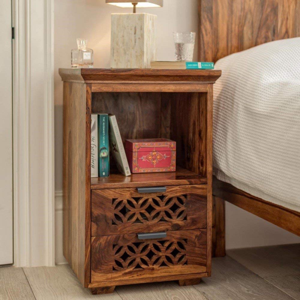Woodmarwar Solid Sheesham Wood Bedside Table for Bedroom | Solid Wood Bed Side Nightstand End Table with 2 Drawer & Shelf Storage for Home & Bed Room