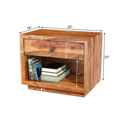 Woodmarwar Solid Sheesham Wood Bedside Table for Bedroom | Solid Pure Wooden Bed Side Nightstand End Table with 1 Drawer & 1 Open Shelf Storage for Home & Bed Room