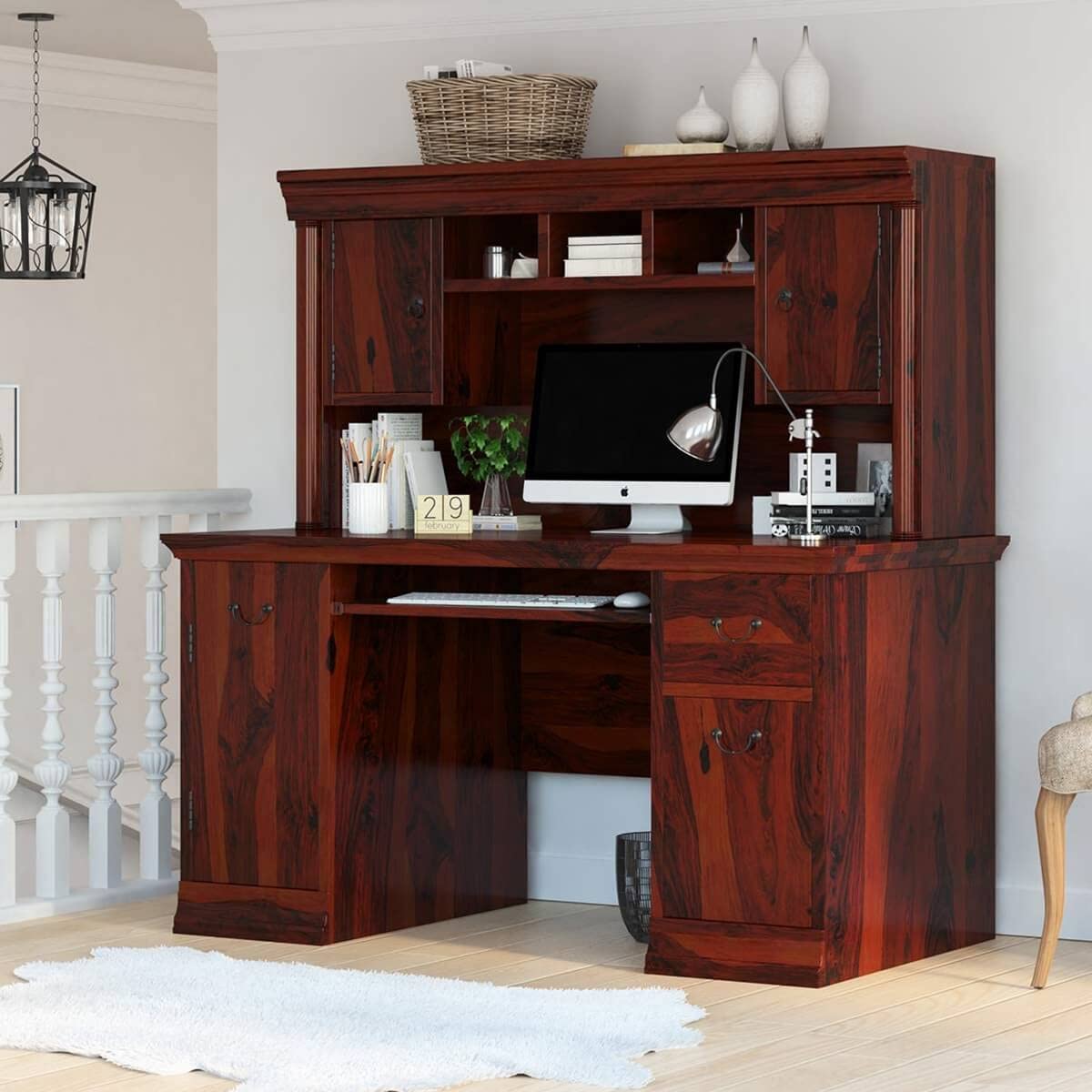 Woodmarwar Solid Sheesham Wood Office Table for Office Work | Wooden Study Table | Computer Desk with Hutch, 2 Drawers & 1 Door Cabinet Storage