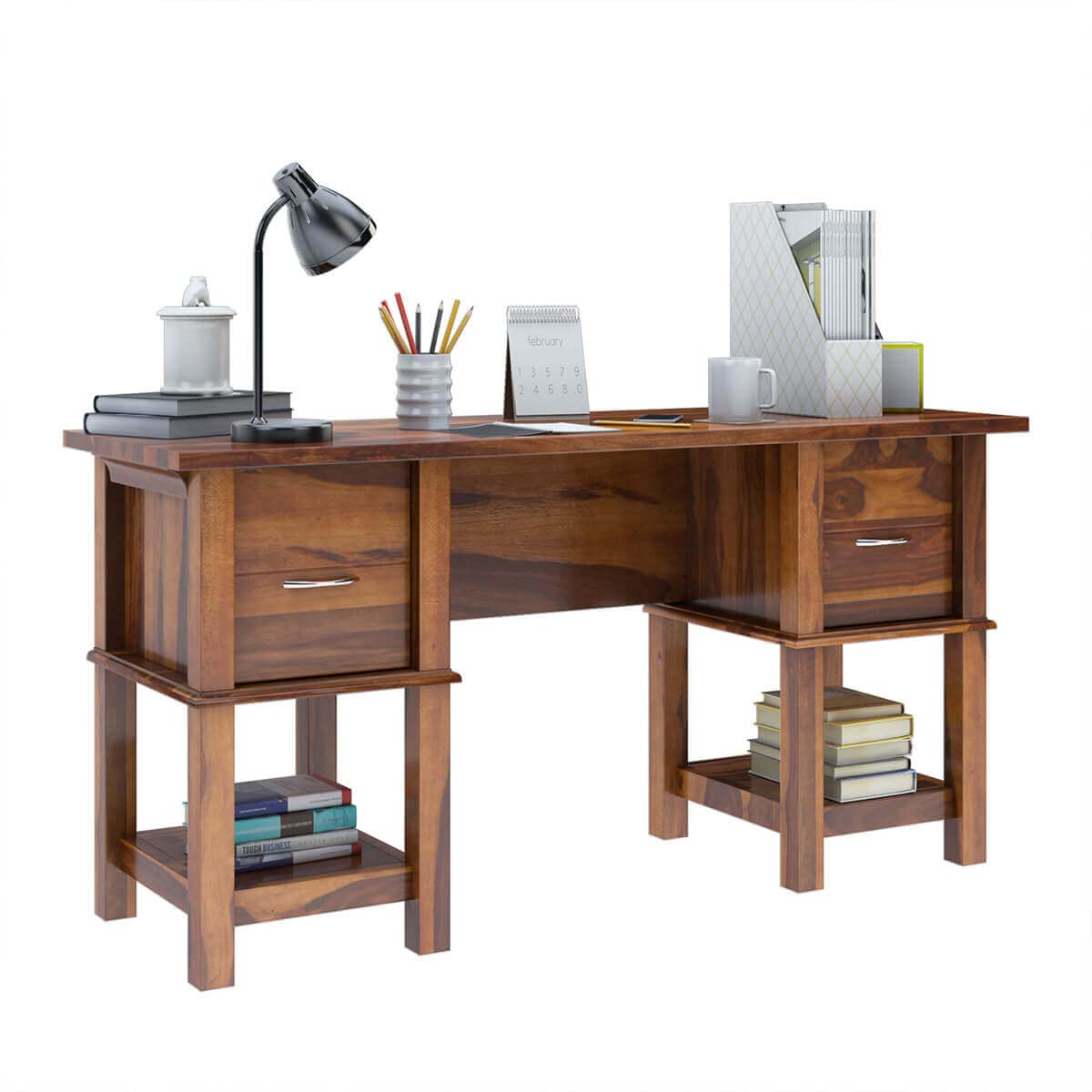 WoodMarwar Solid Sheesham Wood Study Table Workstation for Adult | Laptop Computer Desk with 2 Drawer & 2 Shelves Storage for Home & Office