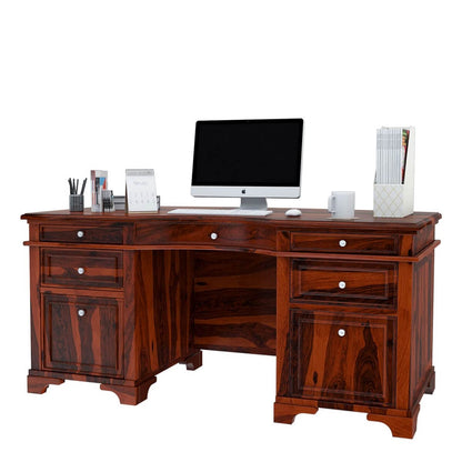 Woodmarwar Solid Sheesham Wood Study Table for Adults | Wooden Workstation with 5 Drawers & 2 Big File Cabinet Drawer Storage for Home, Office & Study Room