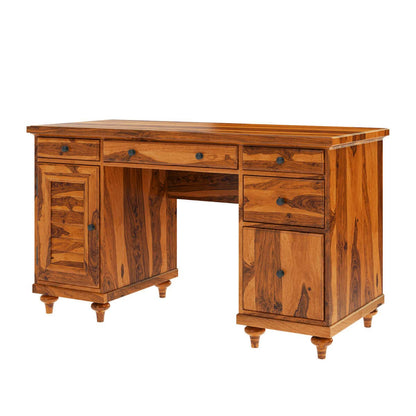 WoodMarwar Solid Sheesham Wood Study Table for Adults | Wooden Workstation with 5 Drawers, 1 Big Drawer & 1 Door Cabinet Storage for Home, Office & Study Room